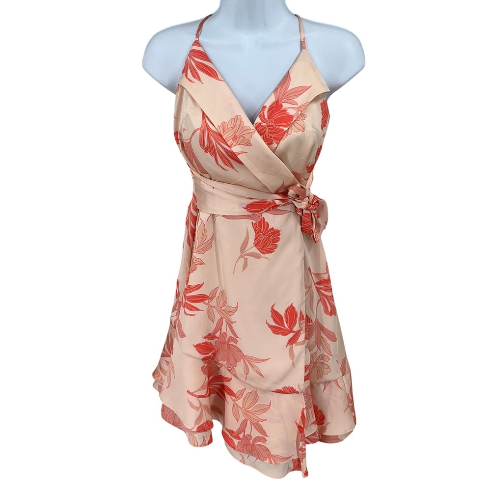 GUESS Wrap Dress Womens XS Peach Pink Floral Ruffle Satin Mini Wedding Guest